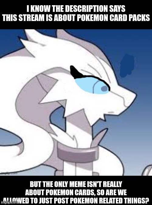 Image title | I know the description says this stream is about pokemon card packs; but the only meme isn't really about pokemon cards, so are we allowed to just post pokemon related things? | image tagged in verita the reshiram | made w/ Imgflip meme maker