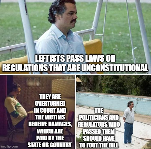 Sad Pablo Escobar Meme | Leftists pass laws or regulations that are unconstitutional; they are overturned in court and the victims receive damages, which are paid by the state or country; the politicians and regulators who passed them should have to foot the bill | image tagged in memes,sad pablo escobar | made w/ Imgflip meme maker