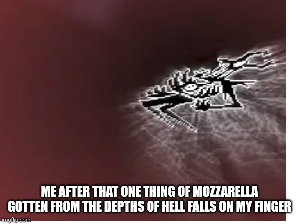 MY FINGER | Me after that one thing of mozzarella gotten from the depths of hell falls on my finger | image tagged in food | made w/ Imgflip meme maker
