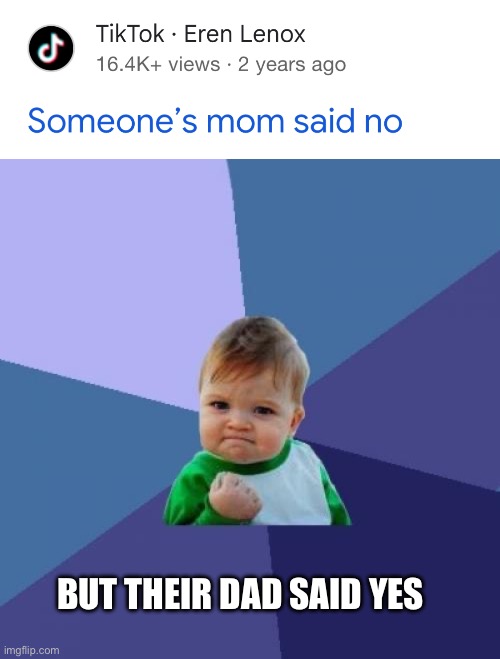 But dad say yes | But their dad said yes | image tagged in mom said no again,memes,success kid | made w/ Imgflip meme maker
