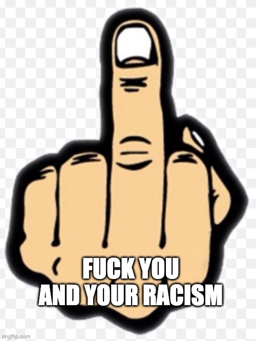 middle finger | fuck you and your racism | image tagged in middle finger | made w/ Imgflip meme maker