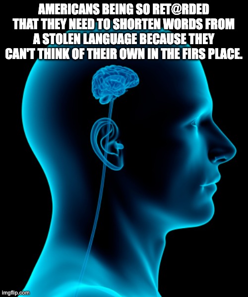 small brain | Americans being so ret@rded that they need to shorten words from a stolen language because they can't think of their own in the firs place. | image tagged in small brain | made w/ Imgflip meme maker