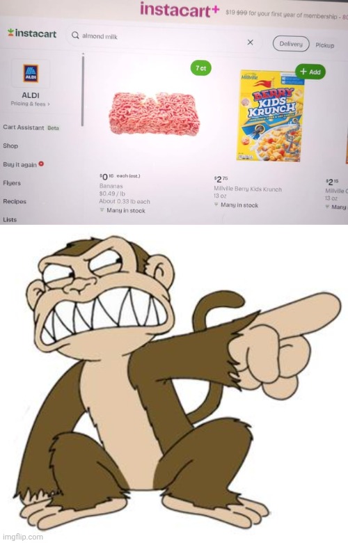 "Bananas" | image tagged in angry monkey family guy,banana,bananas,you had one job,memes,aldi | made w/ Imgflip meme maker