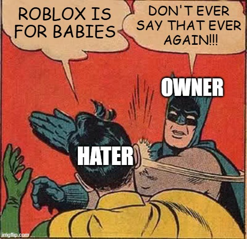 Roblox Is Good | Roblox is
for Babies; DON'T EVER 
SAY THAT EVER 
AGAIN!!! Owner; Hater | image tagged in memes,batman slapping robin | made w/ Imgflip meme maker