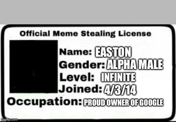 Meme Stealing License | Easton; Alpha male; Infinite; 4/3/14; Proud owner of Google | image tagged in meme stealing license | made w/ Imgflip meme maker