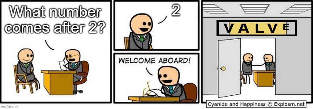 We all know THIS makes sense! | 2; What number comes after 2? | image tagged in job interview,valve,video games,accurate,lol,funny | made w/ Imgflip meme maker