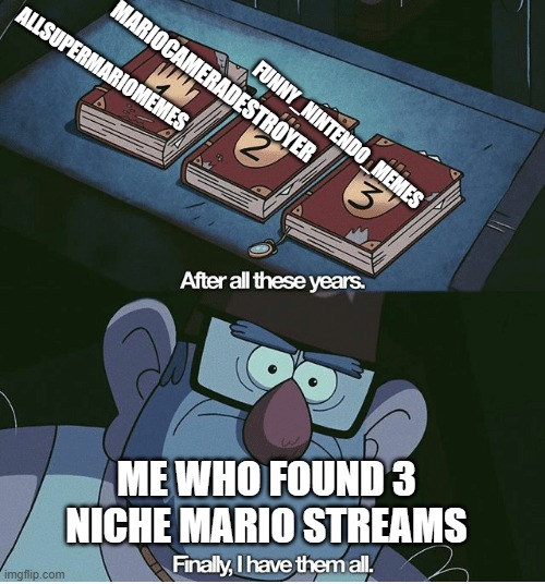 Finally I have them all | allsupermariomemes; mariocameradestroyer; funny_nintendo_memes; me who found 3 niche mario streams | image tagged in finally i have them all | made w/ Imgflip meme maker