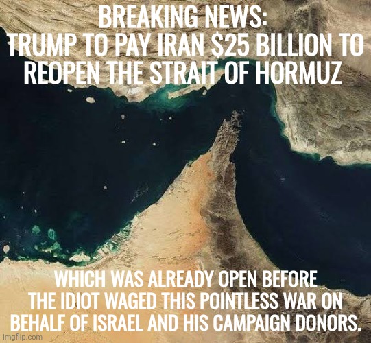 Don't worry, he's not gonna use the money he made manipulating the stock market. No, that's $25 billion more of YOUR tax dollars | Breaking news: 
Trump to pay Iran $25 billion to reopen the strait of Hormuz; Which was already open before the idiot waged this pointless war on behalf of Israel and his campaign donors. | image tagged in strait of hormuz | made w/ Imgflip meme maker