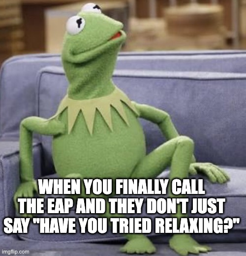 EAP | When you finally call the EAP and they don't just say "have you tried relaxing?" | image tagged in surprised kermit the frog | made w/ Imgflip meme maker