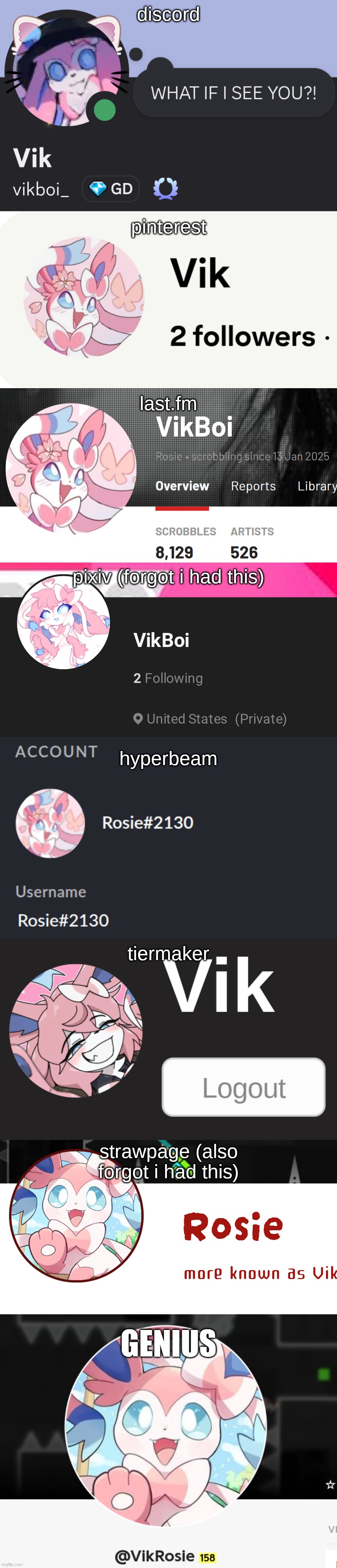 ive just realized theres a lot of websites where my pfp is a sylveon | discord; pinterest; last.fm; pixiv (forgot i had this); hyperbeam; tiermaker; strawpage (also forgot i had this); genius | made w/ Imgflip meme maker