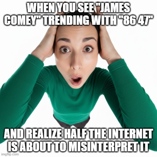 Edvard Munch Scream Woman James Comey 86 47 | WHEN YOU SEE "JAMES COMEY" TRENDING WITH "86 47"; AND REALIZE HALF THE INTERNET IS ABOUT TO MISINTERPRET IT | image tagged in edvard munch scream woman,fbi director james comey,86 47,i hate donald trump,trump sucks | made w/ Imgflip meme maker