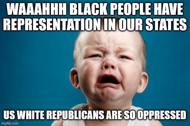 White conservatives when somebody who isn't white has any rights: | Waaahhh black people have representation in our states; Us white republicans are so oppressed | image tagged in baby crying | made w/ Imgflip meme maker
