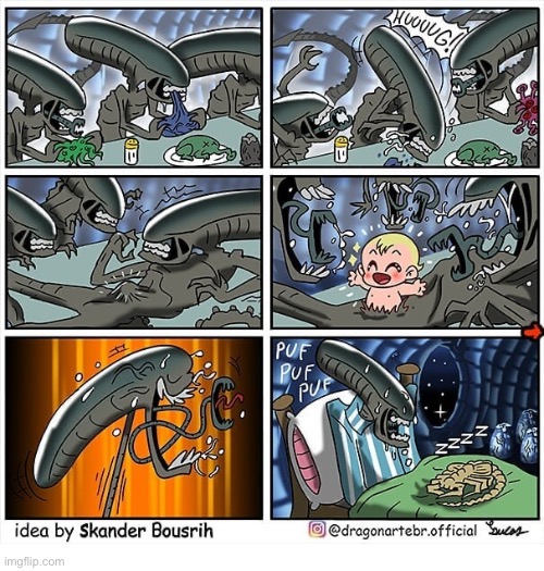 Xenomorph nightmare | image tagged in comics,dragonarte,aliens,dinner,baby,nightmare | made w/ Imgflip meme maker