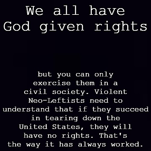 Now there's revolution, but they don't know what they're fighting. | but you can only exercise them in a civil society. Violent Neo-Leftists need to understand that if they succeed in tearing down the United States, they will have no rights. That's the way it has always worked. We all have God given rights | image tagged in plain black | made w/ Imgflip meme maker