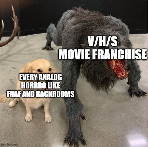 v/h/s movie is better than analog horror series | v/h/s movie franchise; every analog horrro like fnaf and backrooms | image tagged in dog vs werewolf,v/h/s,fnaf,backrooms | made w/ Imgflip meme maker
