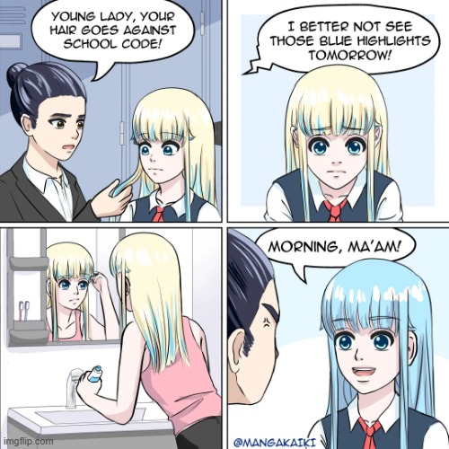 image tagged in school,dress code,blue,hair,malicious compliance,hehe | made w/ Imgflip meme maker