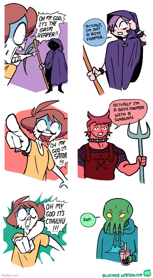 image tagged in monsters,grim reaper,satan,cthulhu,bubble tea,lmao | made w/ Imgflip meme maker
