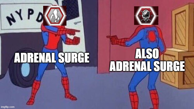 whos the imposter?? | Also adrenal surge; Adrenal surge | image tagged in spiderman pointing at spiderman,plague inc | made w/ Imgflip meme maker