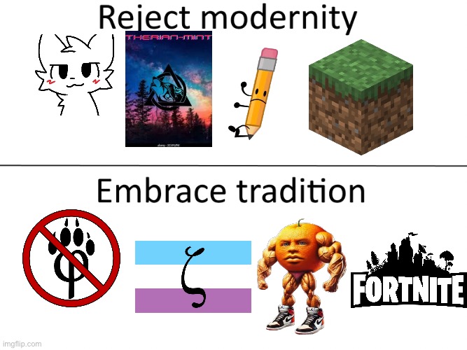 FURRY THERIANS PENCIL SLOP MINECRAFT ARE CRINGE!!!!!!! | image tagged in reject modernity embrace tradition,anti furry,anti minecraft,anti pencil,use ai it's better,anti therian | made w/ Imgflip meme maker
