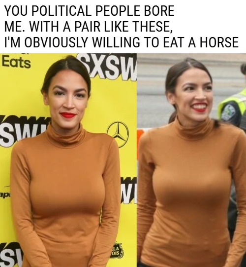 She has the most empty eyes, but being a former lefty, I only need to say "I believe in abortion" and her tits are mine. | You political people bore me. With a pair like these, I'm obviously willing to eat a horse | image tagged in aoc,politics,funny | made w/ Imgflip meme maker