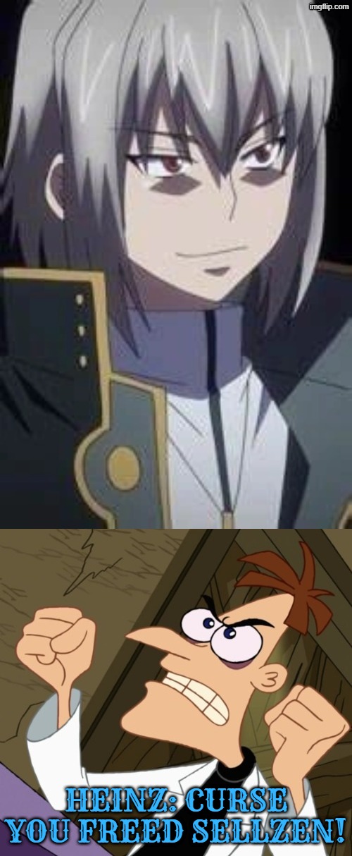 this crossover situation is accurate. Heinz tragedies are horrible for a g rated show | Heinz: curse you freed sellzen! | image tagged in curse you perry the platypus,doofenshmirtz,highschool dxd,anime,dxd,phineas and ferb | made w/ Imgflip meme maker