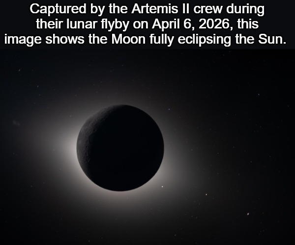Captured by the Artemis II crew during their lunar flyby on April 6, 2026, this image shows the Moon fully eclipsing the Sun. | image tagged in art002e009301 medium jpg | made w/ Imgflip meme maker