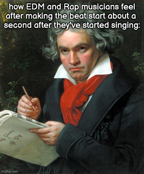 Beethoven  | how EDM and Rap musicians feel after making the beat start about a 
second after they've started singing: | image tagged in beethoven | made w/ Imgflip meme maker