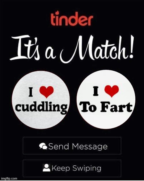 21st Century Bonding | image tagged in tinder,match,online dating,farting,cuddling | made w/ Imgflip meme maker
