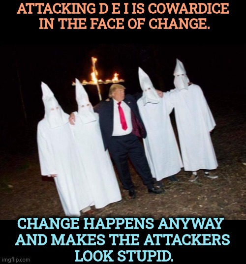 Diversity, equity and inclusion are all positive words. You've got to be pretty weak to be threatened by them. | Attacking d e i is cowardice
 in the face of change. Change happens anyway 
and makes the attackers
 look stupid. | image tagged in trump and kkk burning a symbol of christianity,dei,diversity,equity,inclusion,racism | made w/ Imgflip meme maker