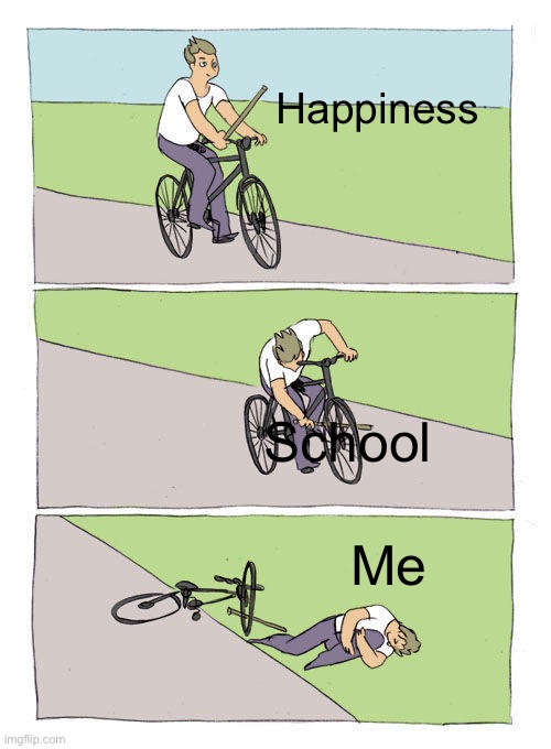 Bike Fall | Happiness; School; Me | image tagged in memes,bike fall | made w/ Imgflip meme maker