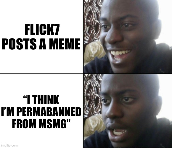 Happy / Shock | Flick7 posts a meme “I think I’m permabanned from Msmg” | image tagged in happy / shock | made w/ Imgflip meme maker