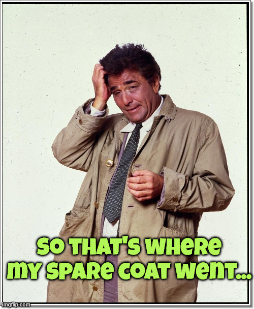 Colombo Peter Falk | So that's where my spare coat went... | image tagged in colombo peter falk | made w/ Imgflip meme maker