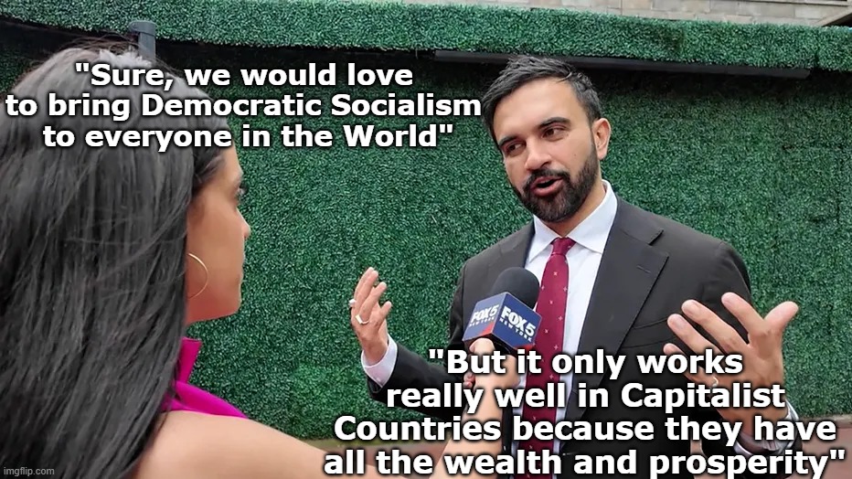 The Secret To Success | "Sure, we would love to bring Democratic Socialism  to everyone in the World"; "But it only works really well in Capitalist Countries because they have all the wealth and prosperity" | image tagged in mamdani interview meme | made w/ Imgflip meme maker