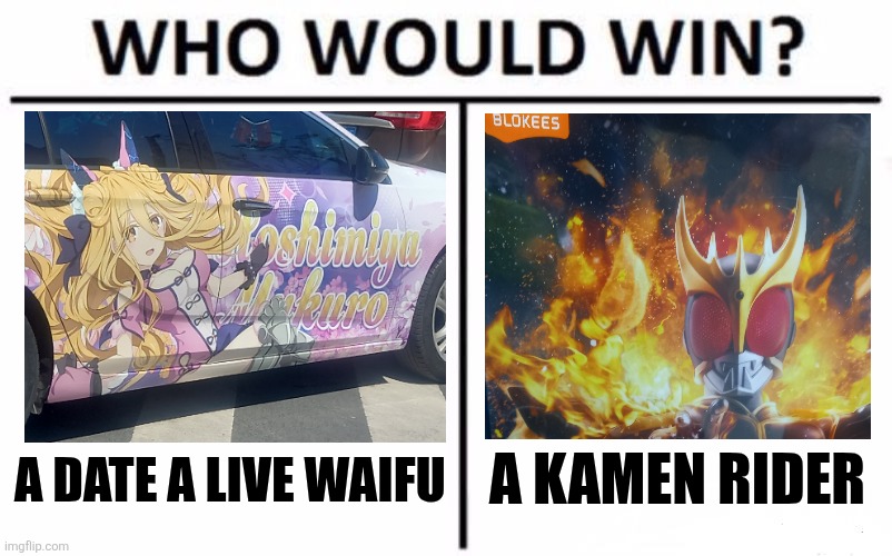 Who Would Win? Meme | A Kamen Rider; A Date A Live Waifu | image tagged in memes,waifu,battle | made w/ Imgflip meme maker