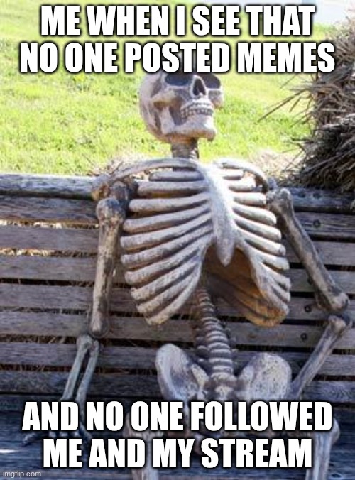 Waiting Skeleton Meme | Me when I see that no one posted memes; and no one followed me and my stream | image tagged in memes,waiting skeleton | made w/ Imgflip meme maker