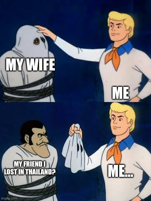 What... How?! | My Wife; Me; Me... My Friend I lost in thailand? | image tagged in scooby doo mask reveal,wife,thailand,reveal,fun,funny | made w/ Imgflip meme maker