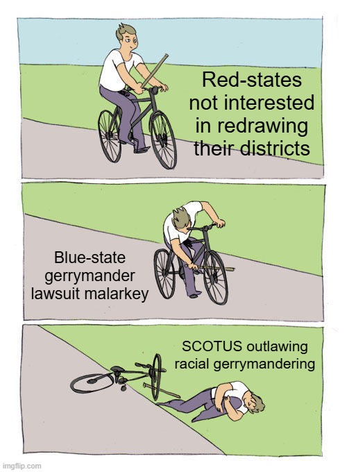 Bike Fall | Red-states not interested in redrawing their districts; Blue-state gerrymander lawsuit malarkey; SCOTUS outlawing racial gerrymandering | image tagged in memes,bike fall | made w/ Imgflip meme maker