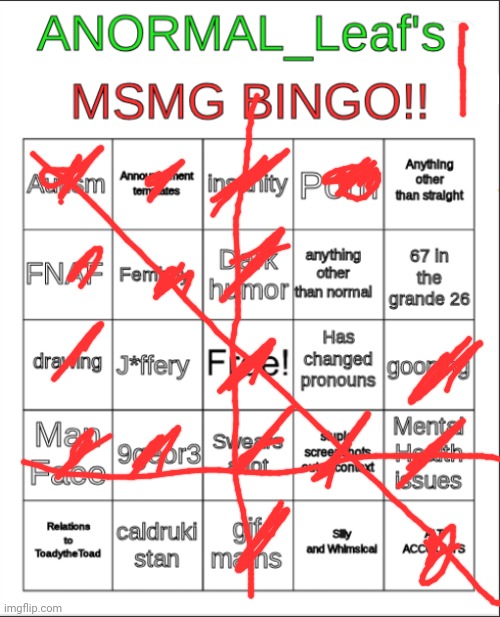 Is it bad that I got bingo 3 times over.... | image tagged in anormal_leaf's msmg bingo | made w/ Imgflip meme maker