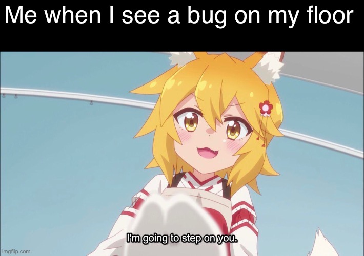 self explanatory | Me when I see a bug on my floor | image tagged in senko san i m going to step on you | made w/ Imgflip meme maker