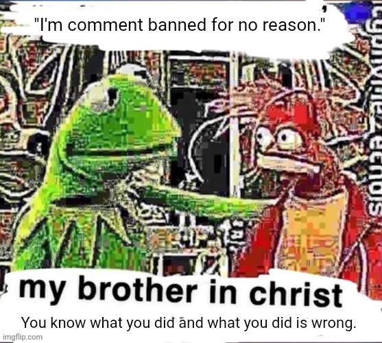 Oh well, deserved | "I'm comment banned for no reason."; You know what you did and what you did is wrong. | image tagged in my brother in christ | made w/ Imgflip meme maker