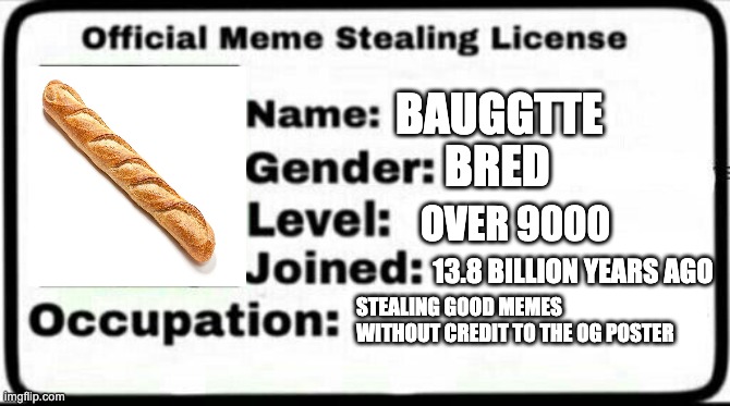 Bauggtte Bred Over 9000 13.8 billion years ago Stealing good memes without credit to the OG poster | image tagged in meme stealing license | made w/ Imgflip meme maker