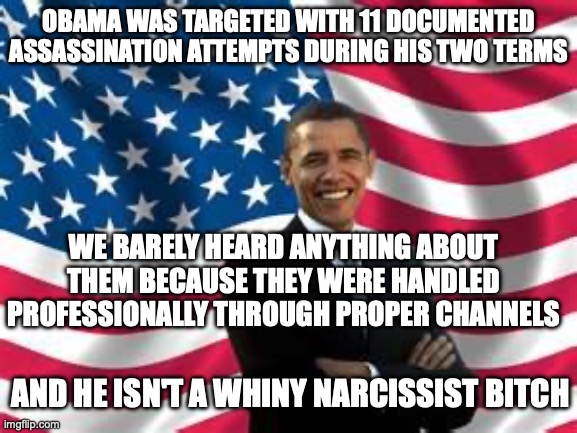 And he didn't try to build the Obama Ballroom as a result, but tried to get us affordable healthcare instead. | obama was targeted with 11 documented assassination attempts during his two terms; we barely heard anything about them because they were handled professionally through proper channels; and he isn't a whiny narcissist bitch | image tagged in obama,donald trump,malignant narcissist,assassination,obamacare | made w/ Imgflip meme maker