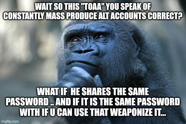 Deep Thoughts | Wait so this "toaa" you speak of constantly mass produce alt accounts correct? What if  he shares the same password .. and if it is the same password with if u can use that weaponize it... | image tagged in deep thoughts | made w/ Imgflip meme maker