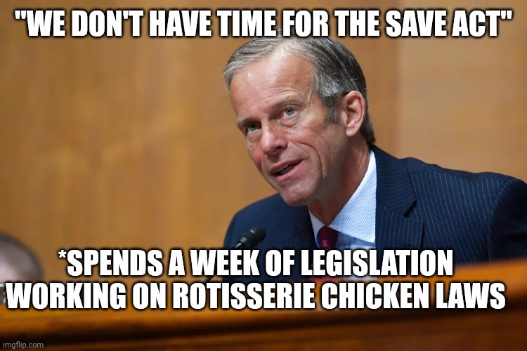 John Thune | "We don't have time for the save act"; *spends a week of legislation working on rotisserie chicken laws | image tagged in john thune | made w/ Imgflip meme maker