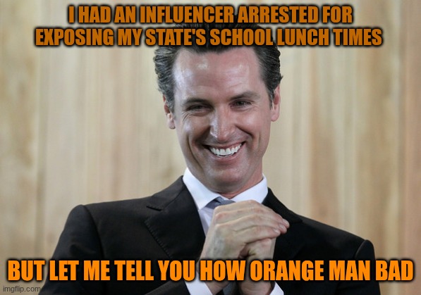Santa Cruz Medicinals was arrested on March 4th 2026 for attempting to propose longer lunch times | I had an influencer arrested for exposing my state's school lunch times; but let me tell you how orange man bad | image tagged in scheming gavin newsom | made w/ Imgflip meme maker