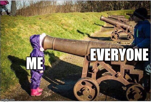Girl Face In Cannon | Everyone; Me | image tagged in girl face in cannon | made w/ Imgflip meme maker