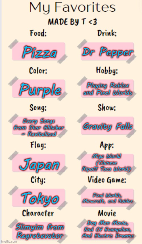 My favorite stuff | Dr Pepper; Pizza; Playing Roblox and Pixel Worlds; Purple; Every Songs from Star Glitcher ~ Revitalized; Gravity Falls; Miga World (Chinese Ripoff Toca World); Japan; Tokyo; Pixel Worlds, Minecraft, and Roblox; Dog Man Movie, End Of Evangelion, And Electric Dreams; Slimyim from Regretevator | image tagged in my favorites made by t | made w/ Imgflip meme maker