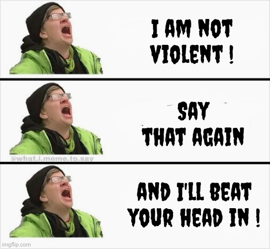 Whining Liberal | I am not violent ! Say that again and I'll beat your head in ! | image tagged in whining liberal | made w/ Imgflip meme maker