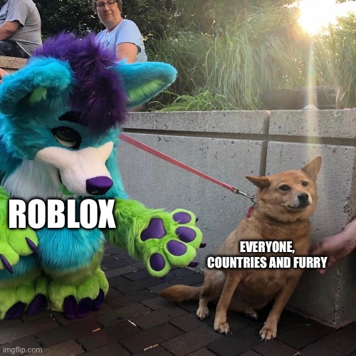 If Roblox is going to make more bad updates, Roblox downfall | Roblox; Everyone, Countries and furry | image tagged in dog afraid of furry | made w/ Imgflip meme maker