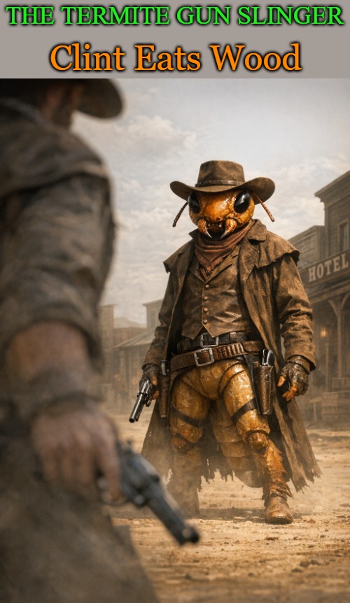 termite gun slinger | Clint Eats Wood; The termite gun slinger | image tagged in clint eats wood,kewlew | made w/ Imgflip meme maker